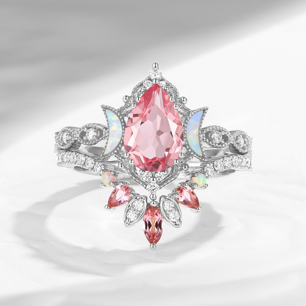 Crescent Moon | Pear Cut Lab Pink Sapphire 'Ultra Galaxy' Engagement Ring Set 2pcs