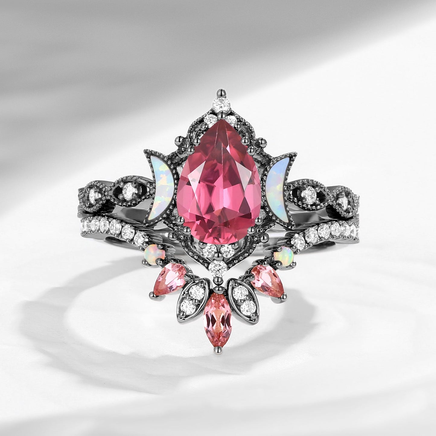 Crescent Moon | Pear Cut Natural Pink Tourmaline 'Ultra Galaxy' Engagement Ring Set 2pcs