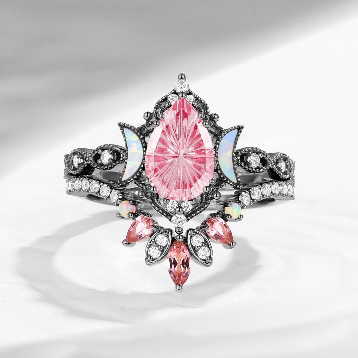 Crescent Moon 'Ultra Galaxy' - Fantasy Carved Pear Lab Pink Sapphire Engagement Ring Set 2pcs