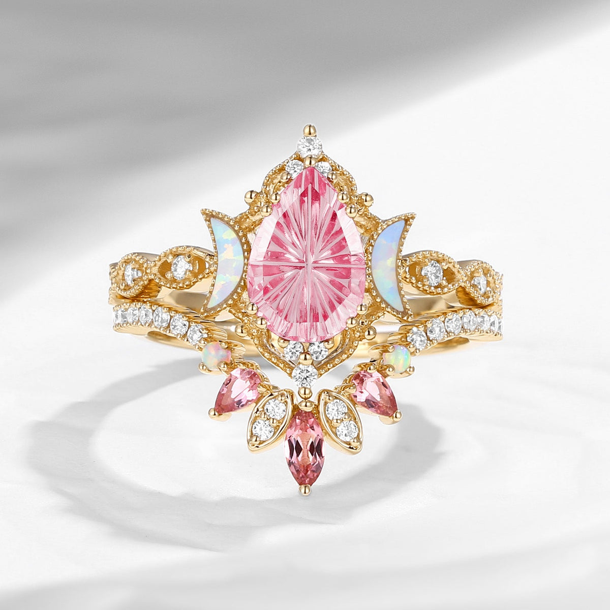 Crescent Moon 'Ultra Galaxy' - Fantasy Carved Pear Lab Pink Sapphire Engagement Ring Set 2pcs