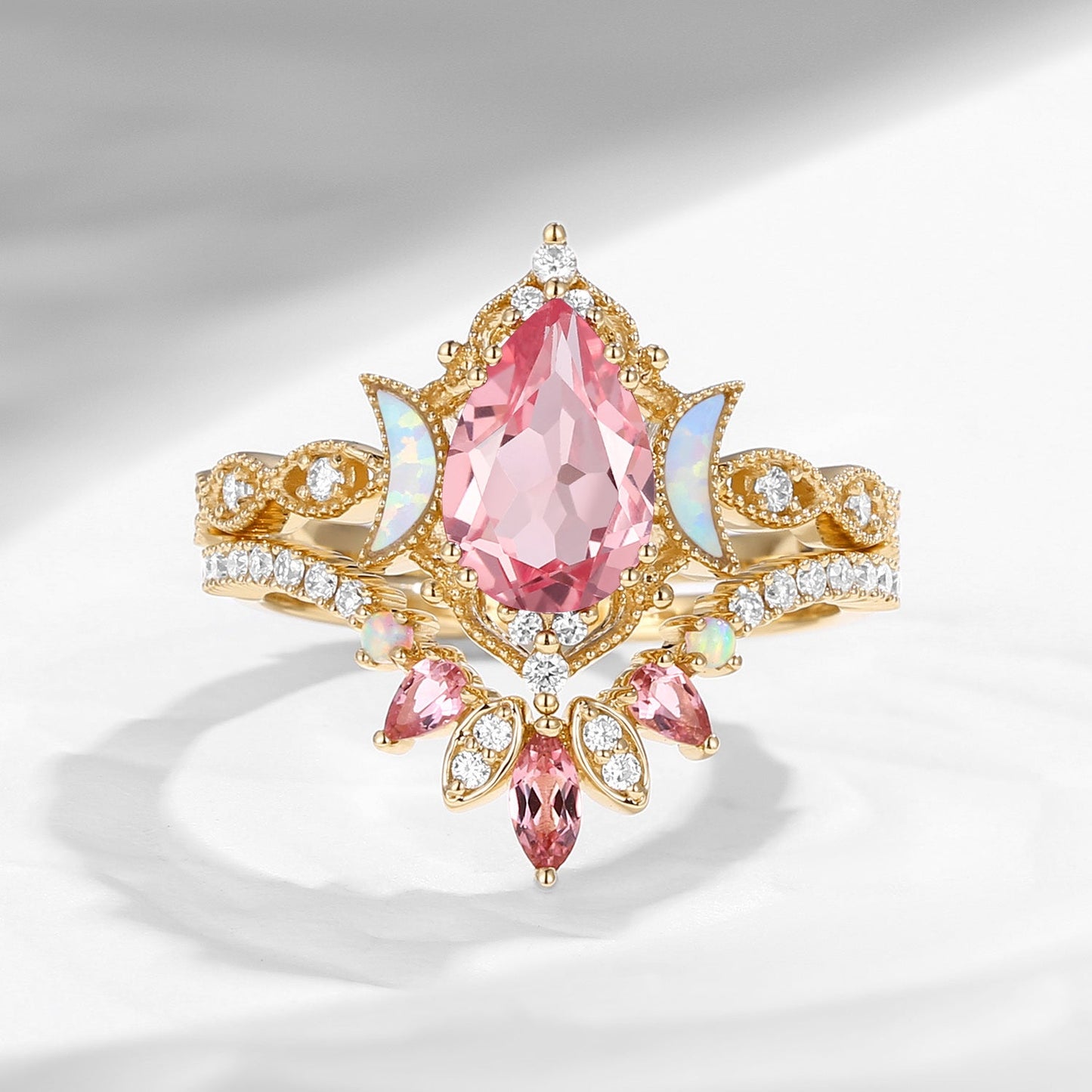 Crescent Moon | Pear Cut Lab Pink Sapphire 'Ultra Galaxy' Engagement Ring Set 2pcs