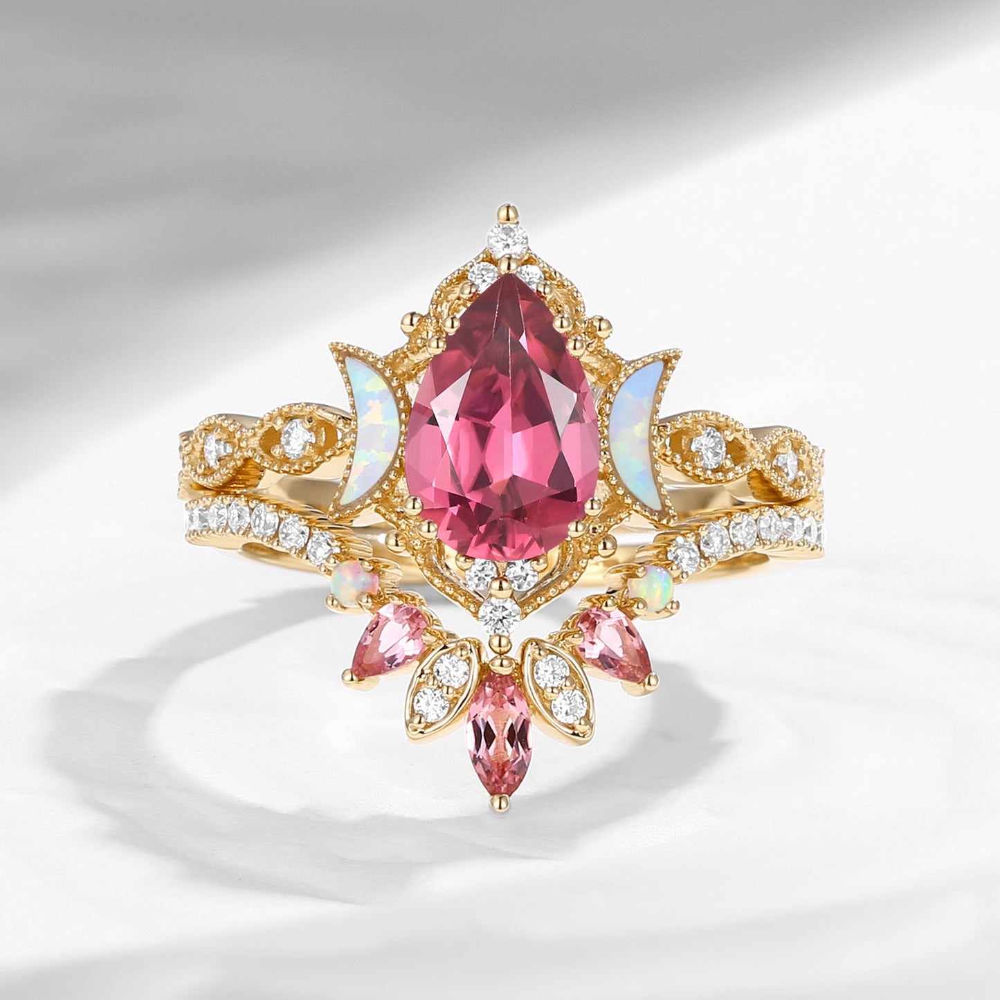 Crescent Moon | Pear Cut Natural Pink Tourmaline 'Ultra Galaxy' Engagement Ring Set 2pcs