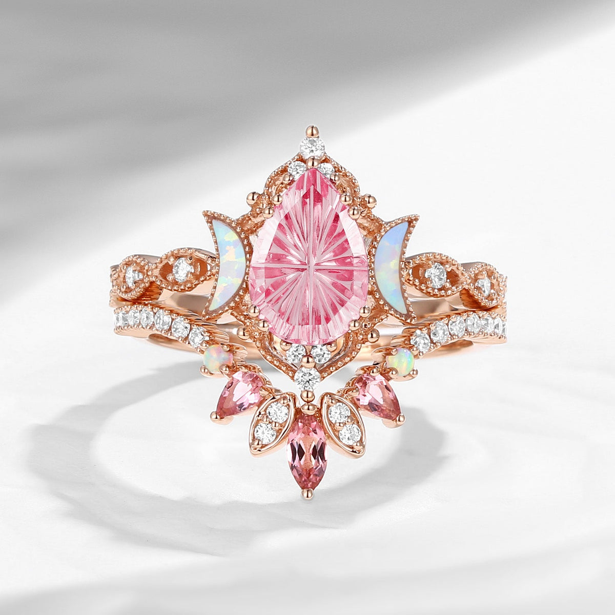 Crescent Moon 'Ultra Galaxy' - Fantasy Carved Pear Lab Pink Sapphire Engagement Ring Set 2pcs