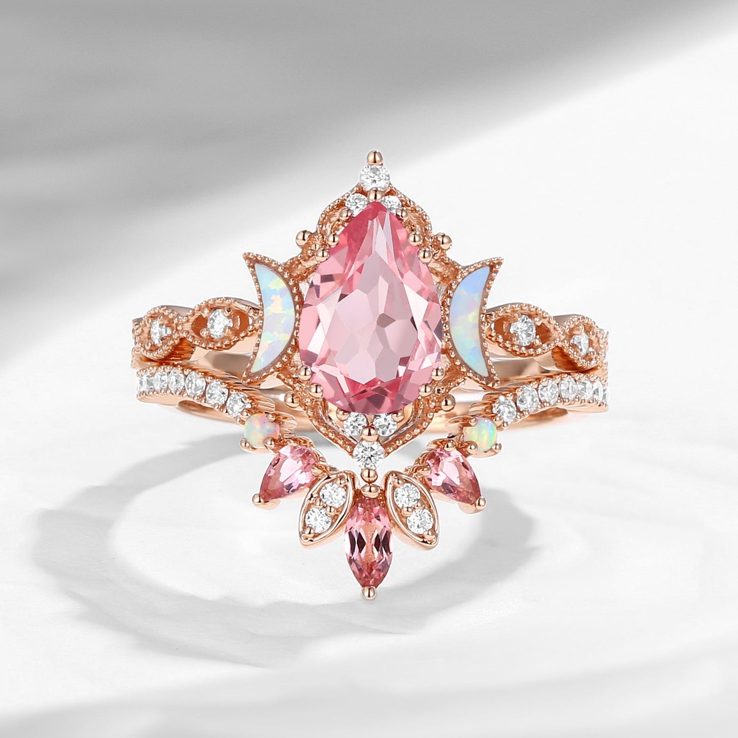 Crescent Moon | Pear Cut Lab Pink Sapphire 'Ultra Galaxy' Engagement Ring Set 2pcs