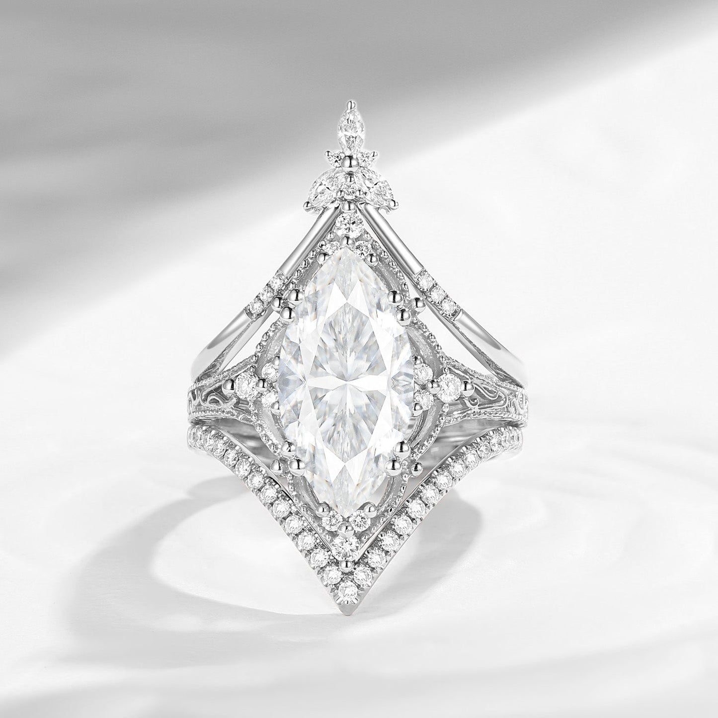Vintage Inspired Marquise Cut Moissanite Engagement Ring Set 3pcs