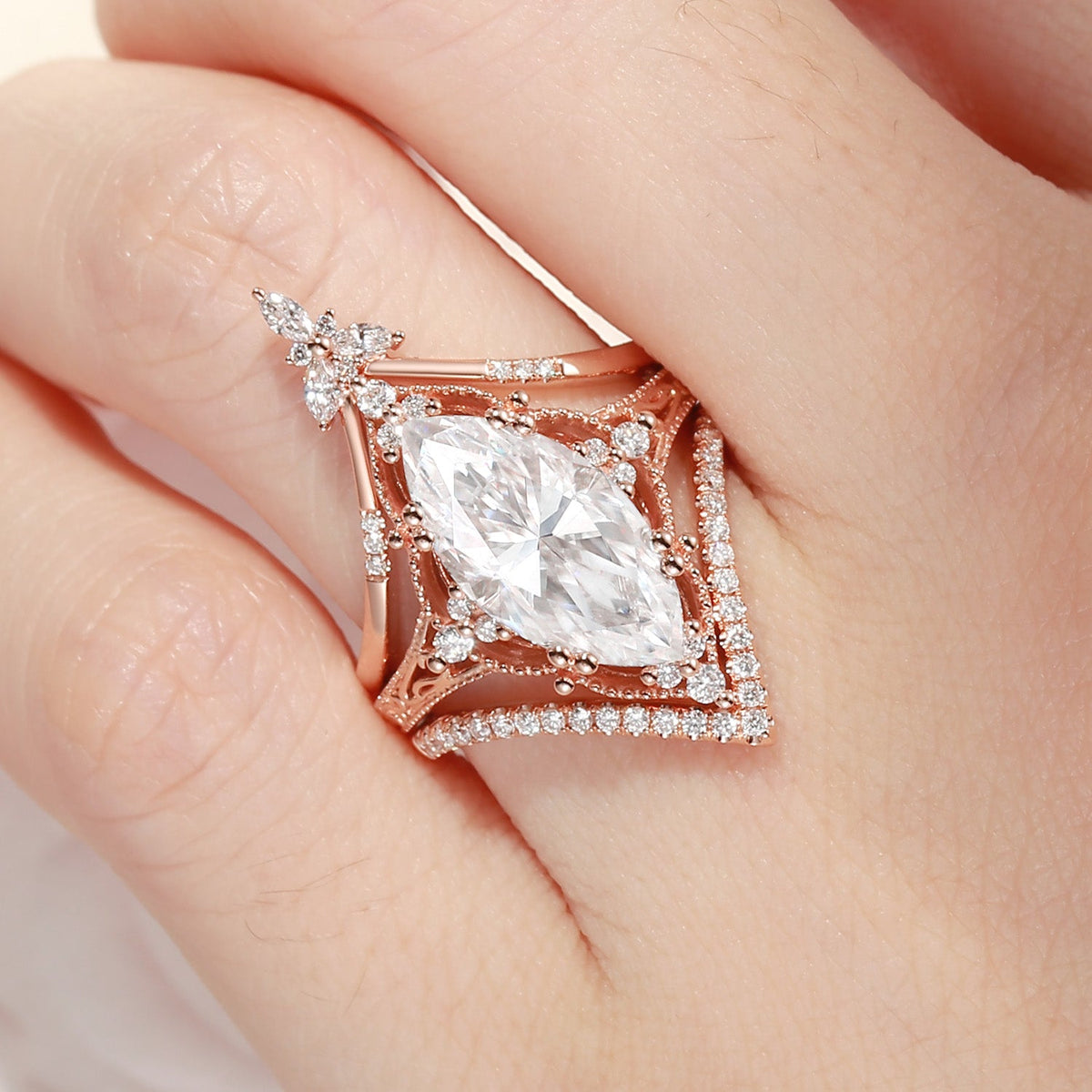 Vintage Inspired Marquise Cut Moissanite Engagement Ring Set 3pcs