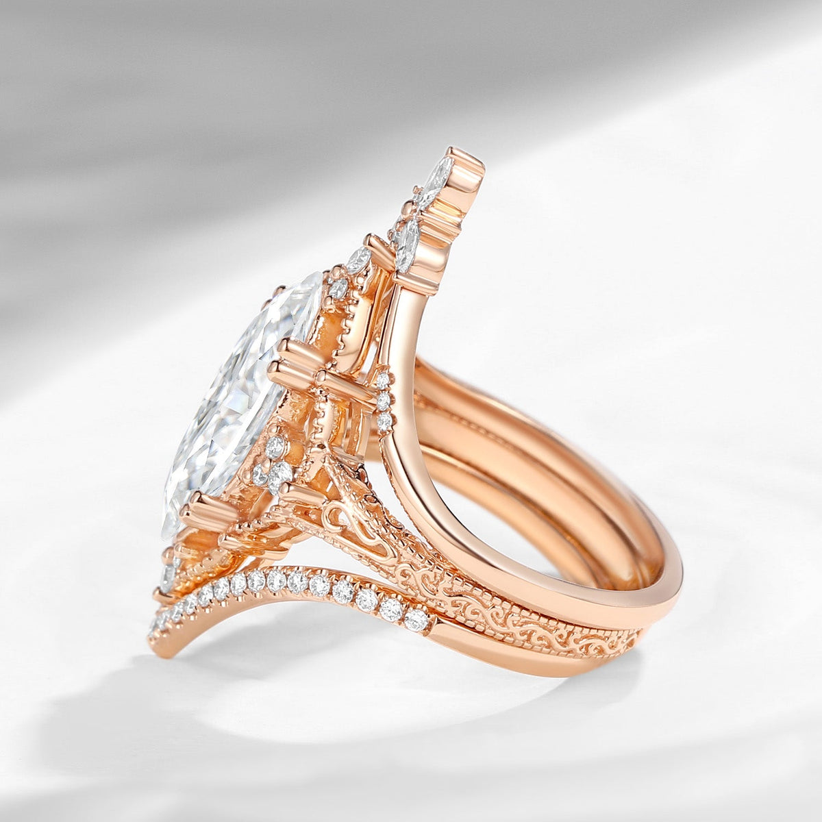 Vintage Inspired Marquise Cut Moissanite Engagement Ring Set 3pcs