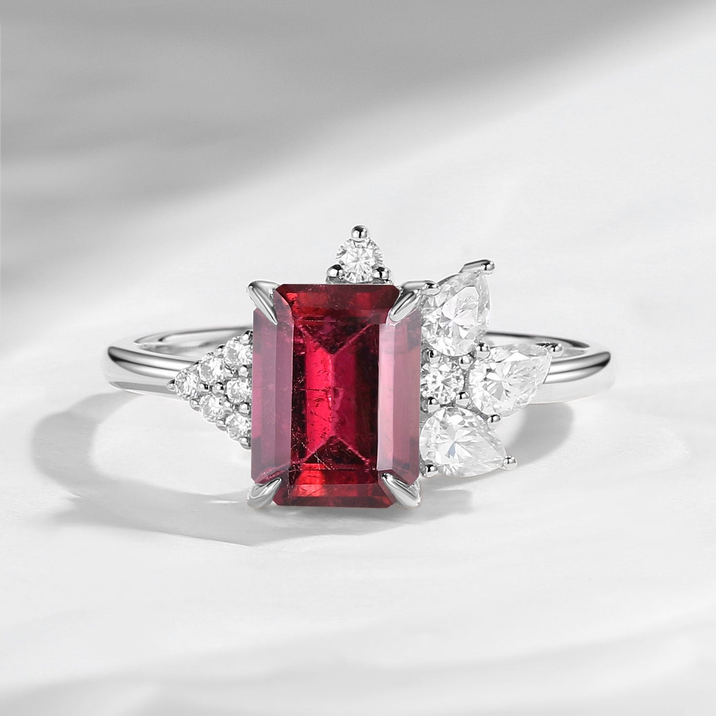 Art Deco Emerald Cut Natural Pink Tourmaline Vintage Cluster Engagement Ring
