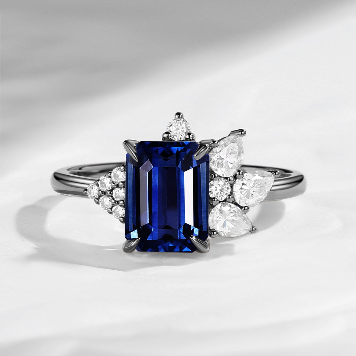 Art Deco Emerald Cut Natural Sapphire Vintage Cluster Engagement Ring