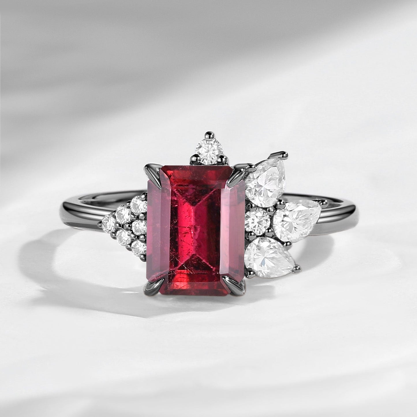 Art Deco Emerald Cut Natural Pink Tourmaline Vintage Cluster Engagement Ring