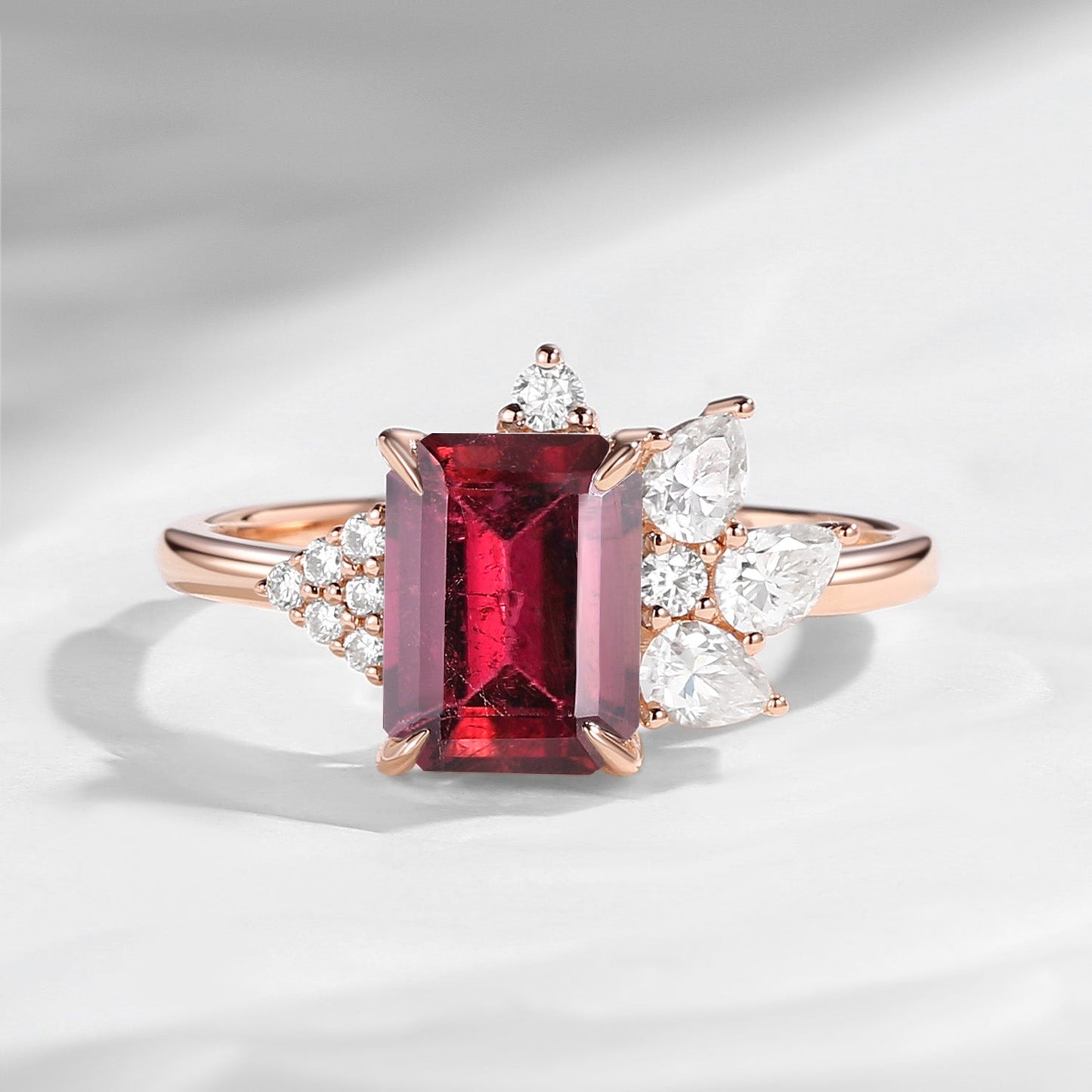 Art Deco Emerald Cut Natural Pink Tourmaline Vintage Cluster Engagement Ring