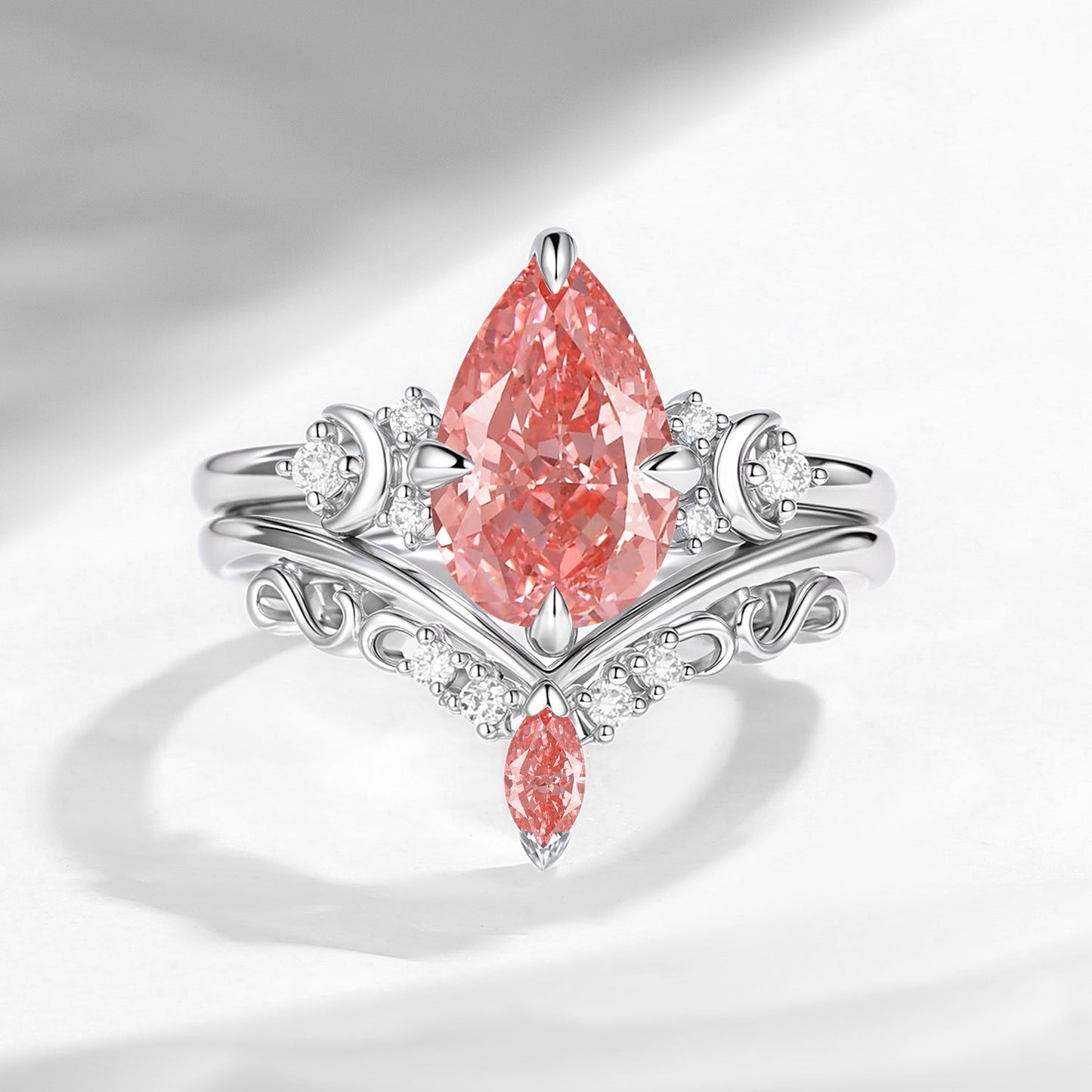 Crescent Moon | Pear Shaped Art Deco Lab Pink Diamond Engagement Ring Set 2pcs