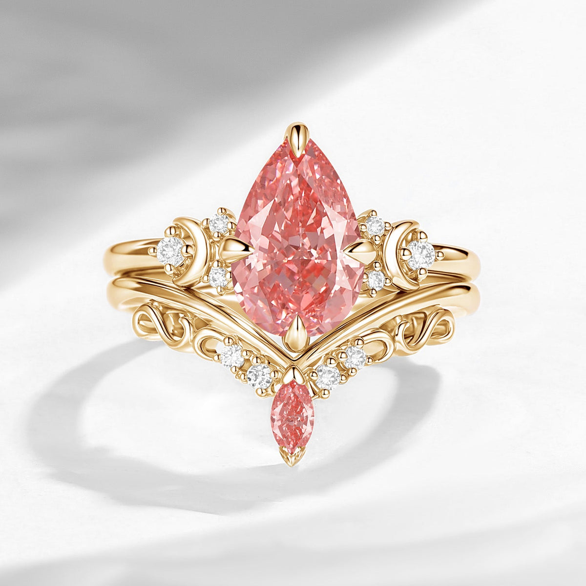 Crescent Moon | Pear Shaped Art Deco Lab Pink Diamond Engagement Ring Set 2pcs