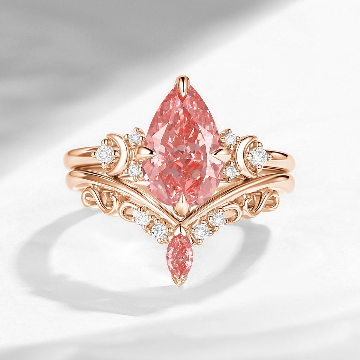 Crescent Moon | Pear Shaped Art Deco Lab Pink Diamond Engagement Ring Set 2pcs