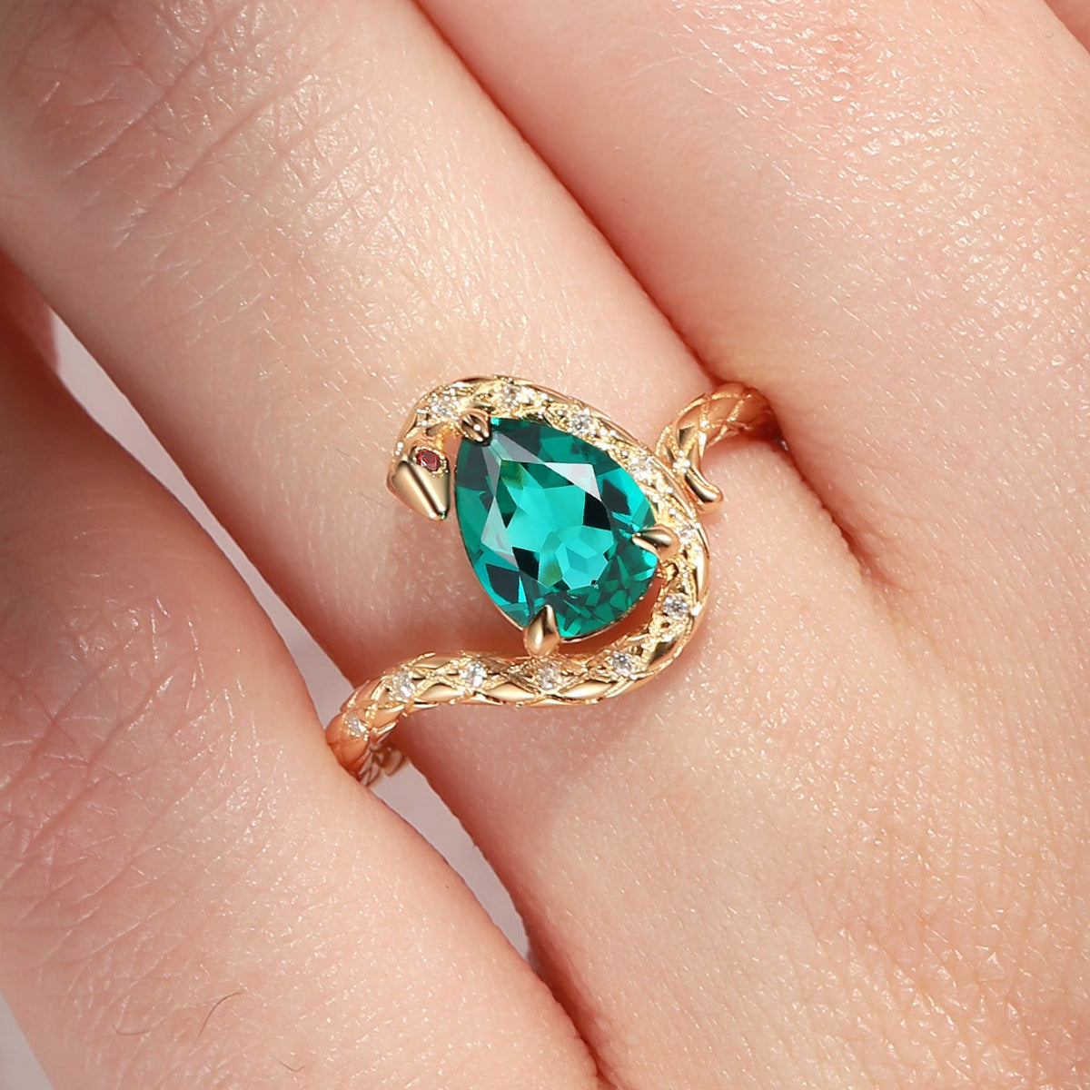 'Serpent's Embrace'- Unique Twist Pear Cut Lab Emerald Engagement Ring