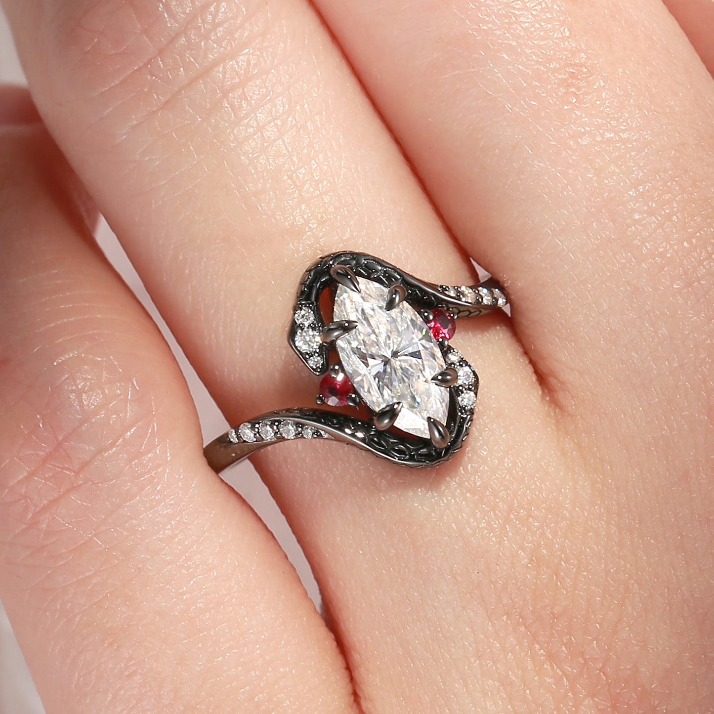 Serpent's Embrace - Gothic Marquise Cut Moissanite Twisted Snake Engagement Ring in Black Gold
