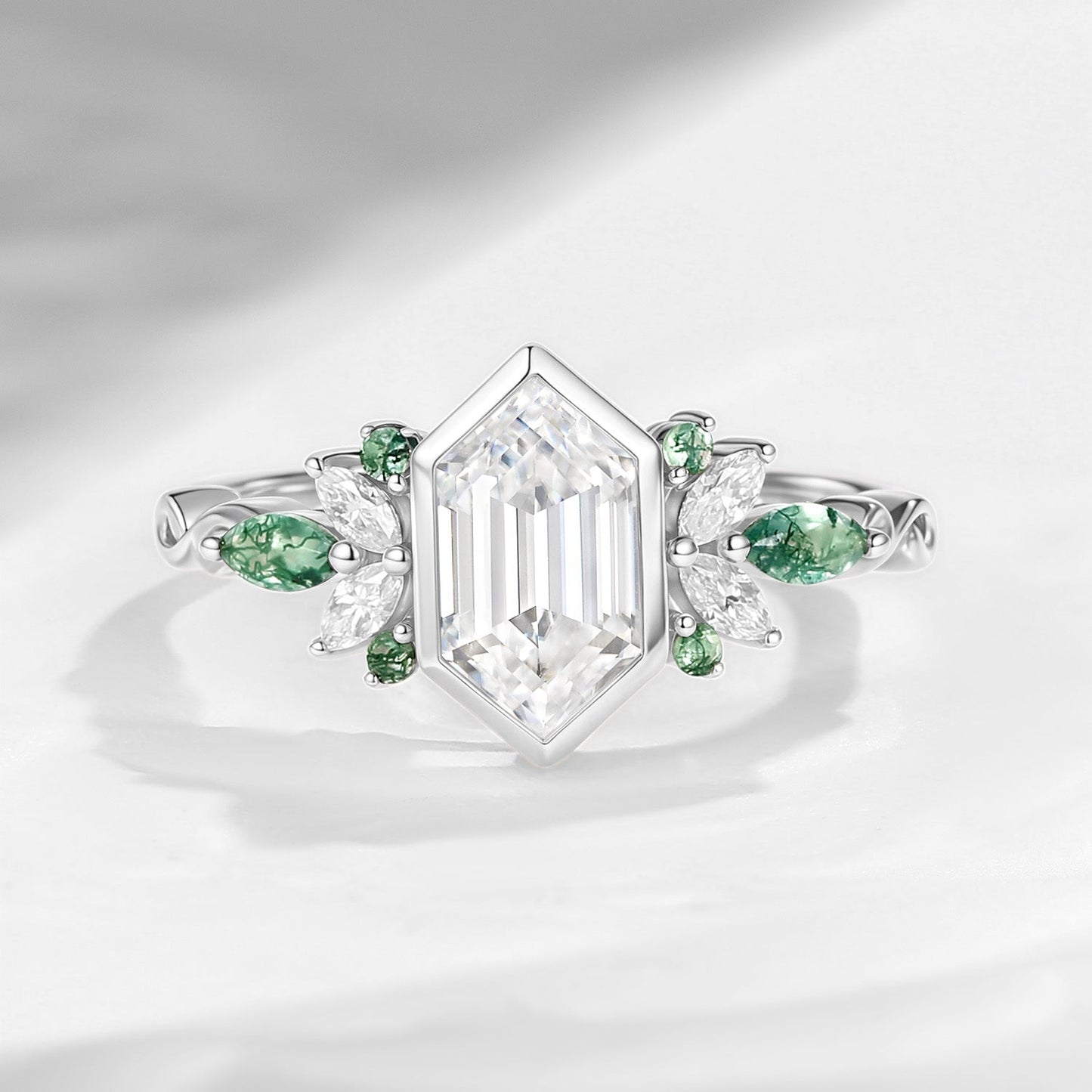 Long Hexagon Moissanite Butterfly Moss Agate Cluster Ring