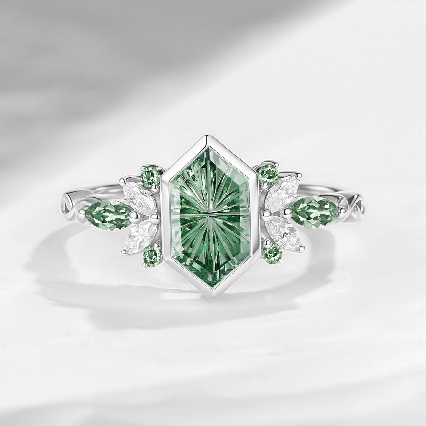 Classic Fantasy Cut Long Hexagon Lab Green Sapphire Butterfly Cluster Engagement Ring with Bezel Setting