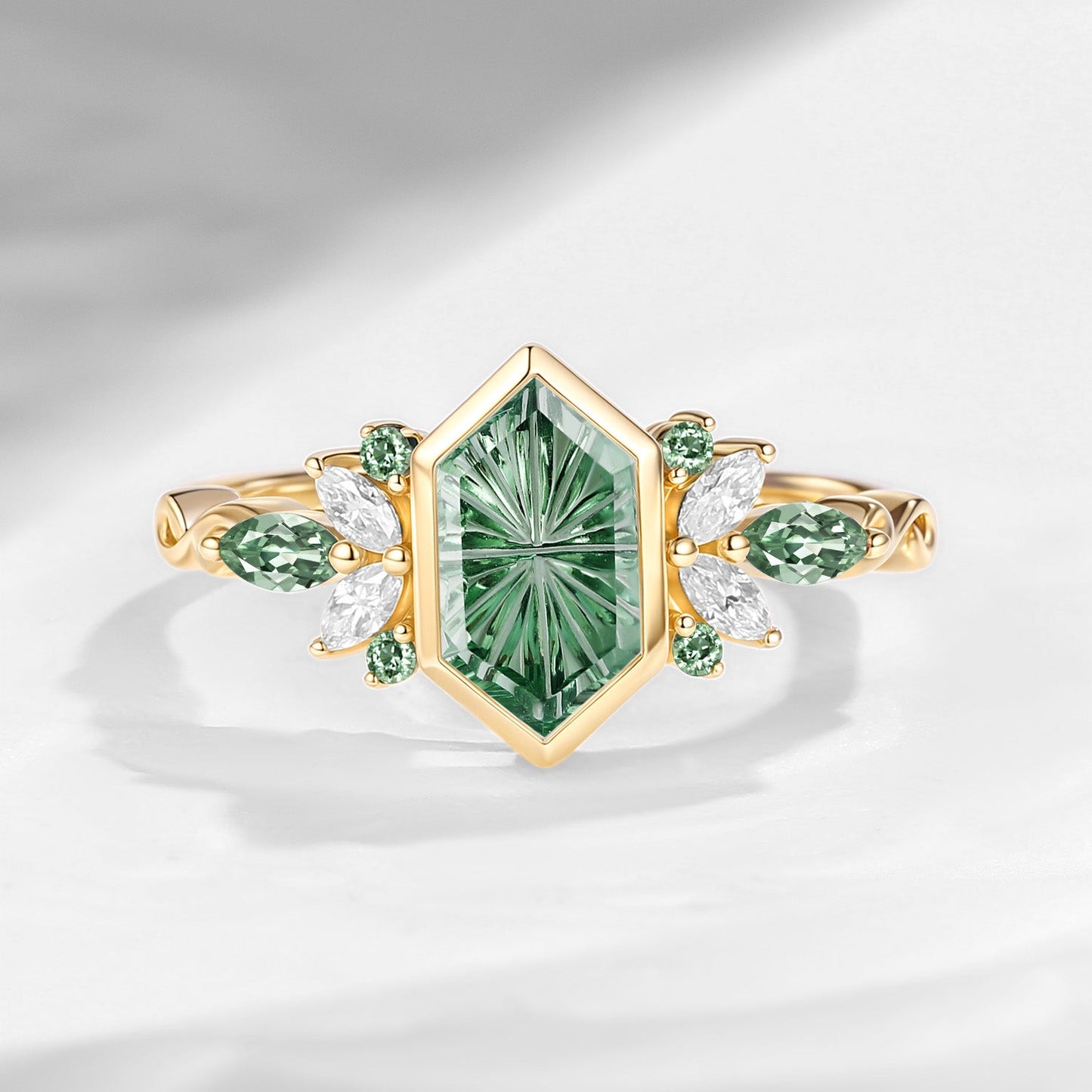 Classic Fantasy Cut Long Hexagon Lab Green Sapphire Butterfly Cluster Engagement Ring with Bezel Setting