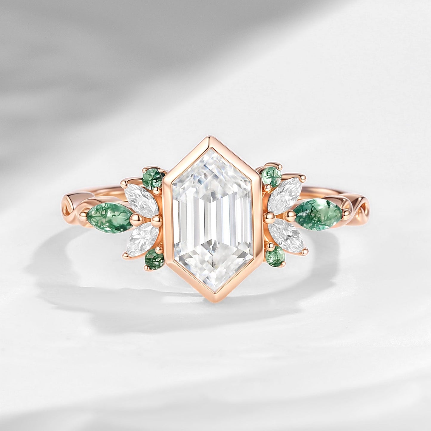 Long Hexagon Moissanite Butterfly Moss Agate Cluster Ring