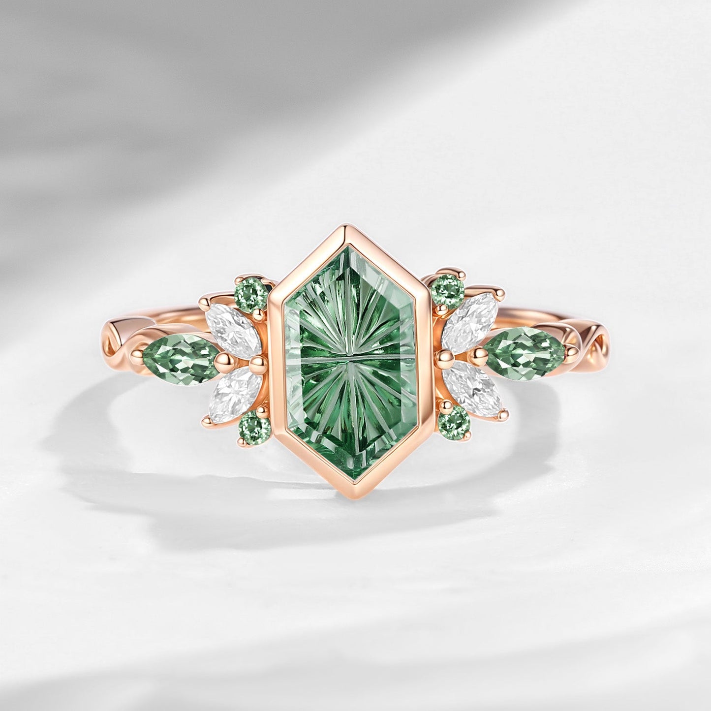 Classic Fantasy Cut Long Hexagon Lab Green Sapphire Butterfly Cluster Engagement Ring with Bezel Setting