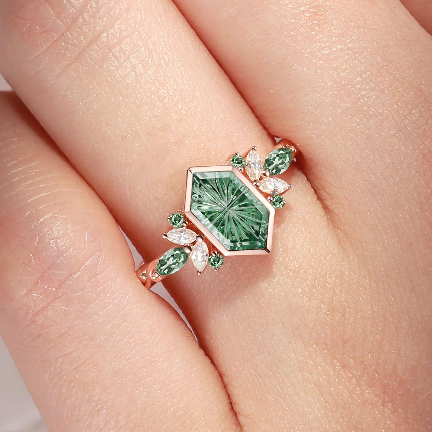 Classic Fantasy Cut Long Hexagon Lab Green Sapphire Butterfly Cluster Engagement Ring with Bezel Setting