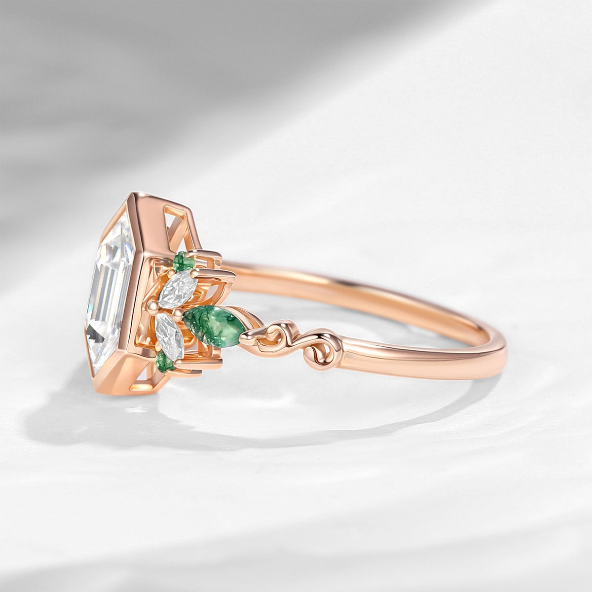 Long Hexagon Moissanite Butterfly Moss Agate Cluster Ring
