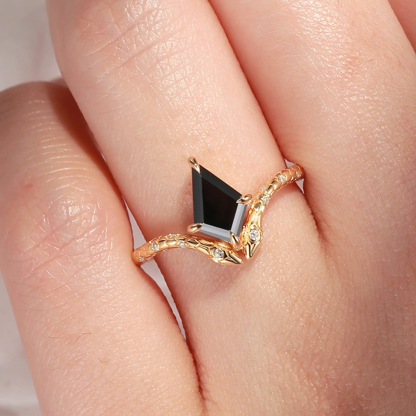'Serpent's Embrace'- Snake Textured Kite Cut Black Moissanite Engagement Ring