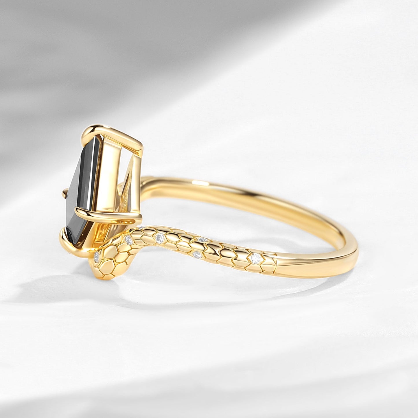 'Serpent's Embrace'- Snake Textured Kite Cut Black Moissanite Engagement Ring