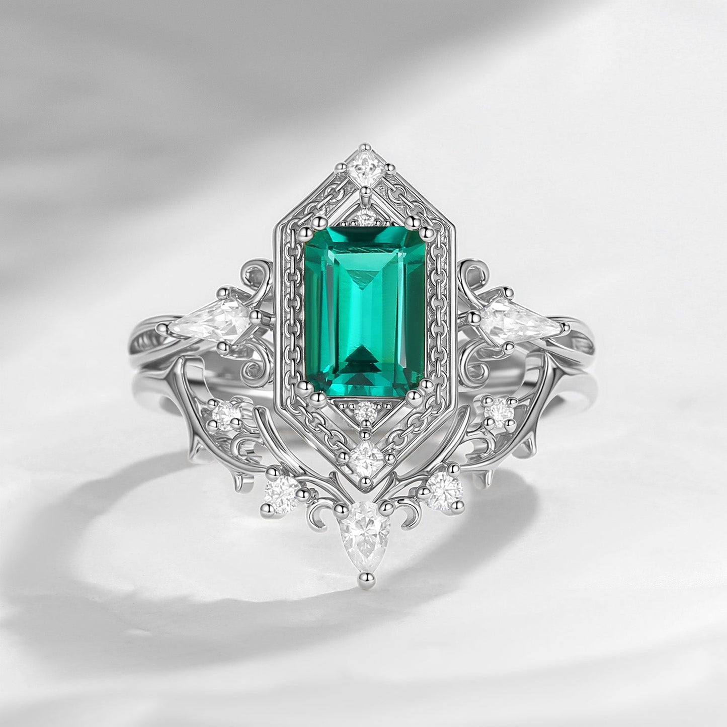 Emerald Cut 'Fallen Aegis' Gothic Engagement Ring Set 2pcs