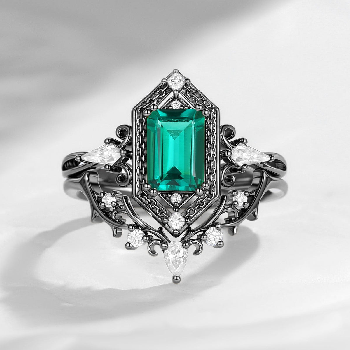 Emerald Cut 'Fallen Aegis' Gothic Engagement Ring Set 2pcs