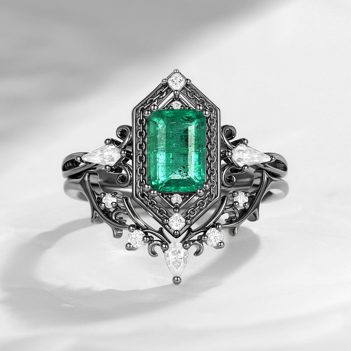 Unique Emerald Cut Natural Emerald 'Fallen Aegis' Gothic Engagement Ring Bridal Set 2pcs