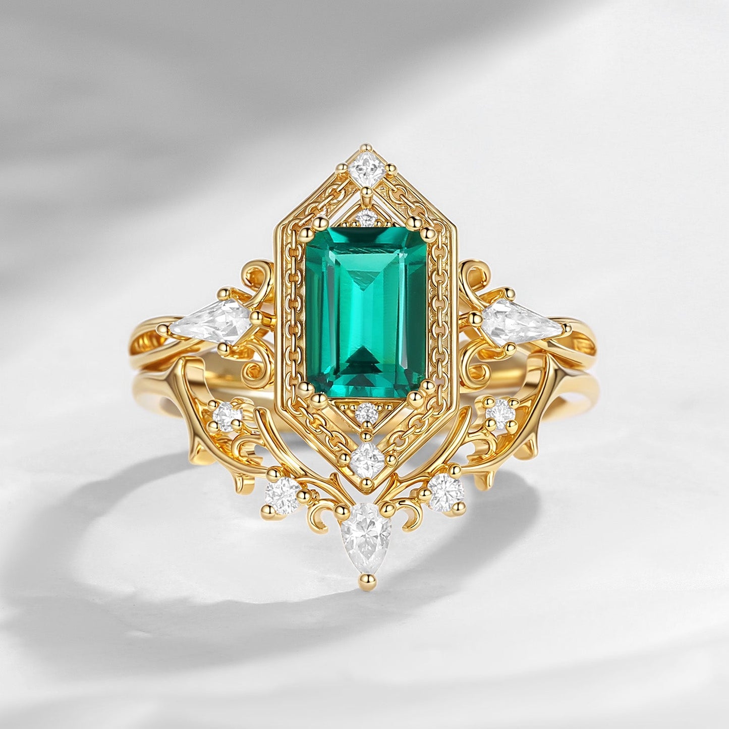 Emerald Cut 'Fallen Aegis' Gothic Engagement Ring Set 2pcs