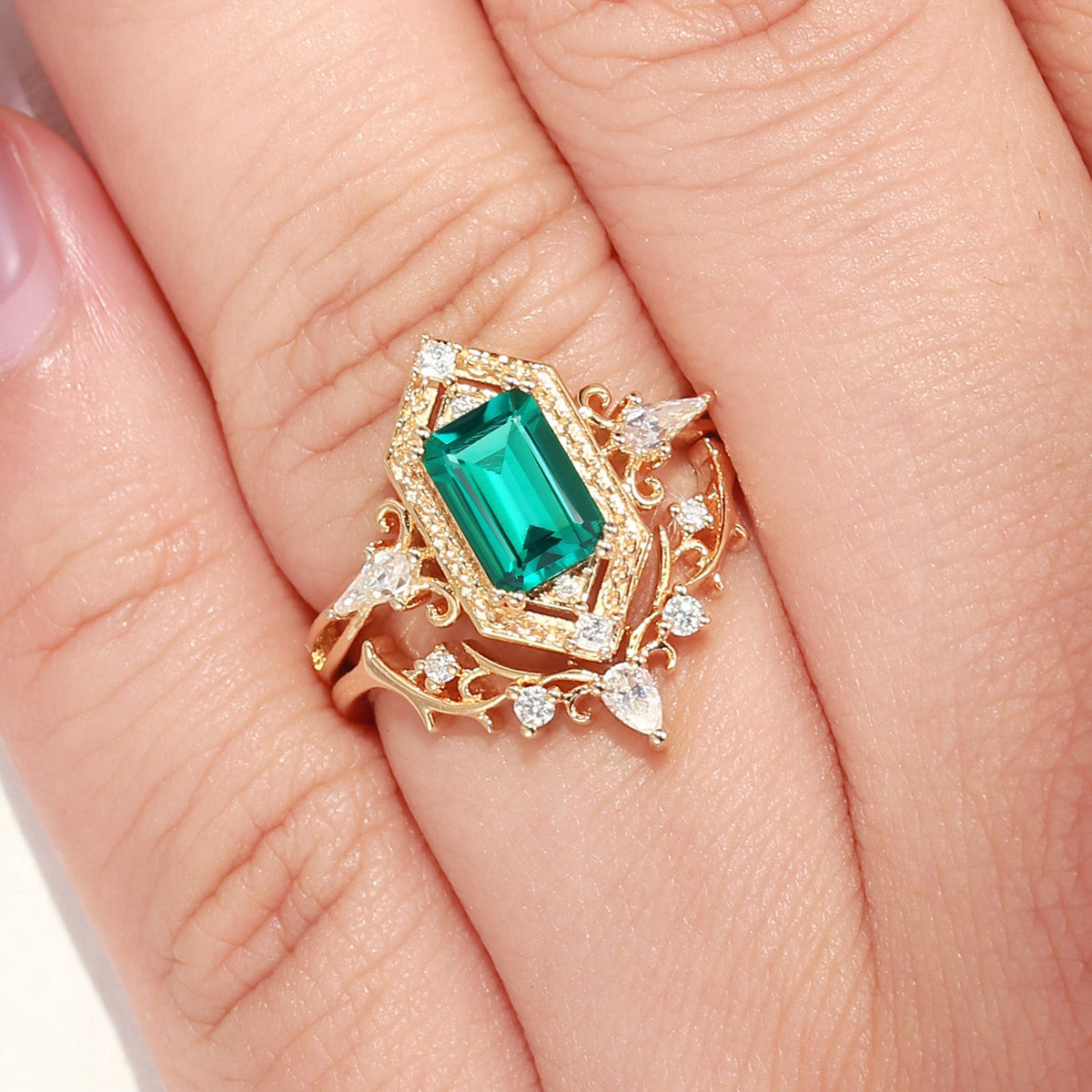 Emerald Cut 'Fallen Aegis' Gothic Engagement Ring Set 2pcs