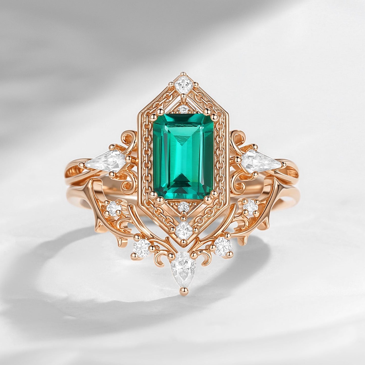 Emerald Cut 'Fallen Aegis' Gothic Engagement Ring Set 2pcs