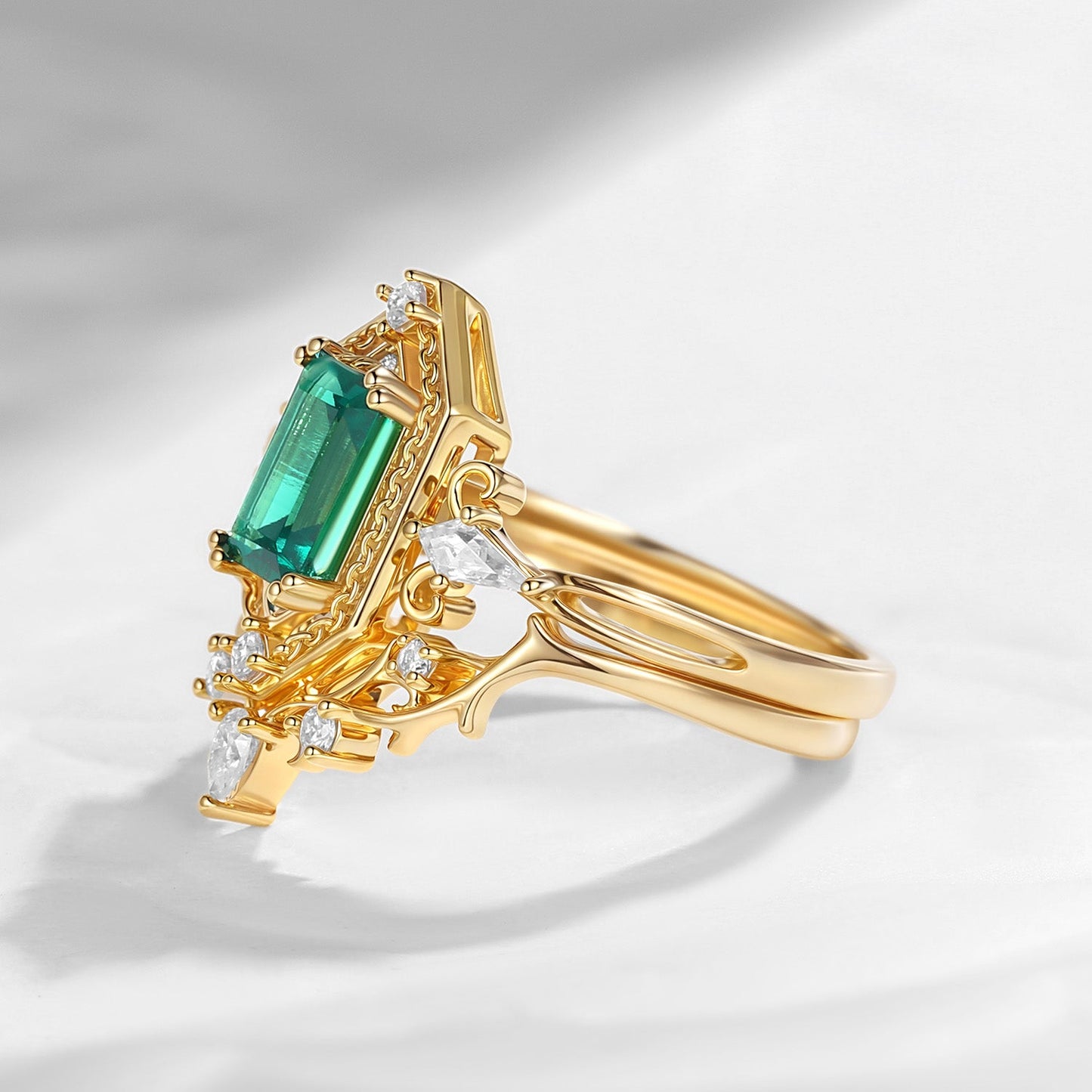 Emerald Cut 'Fallen Aegis' Gothic Engagement Ring Set 2pcs