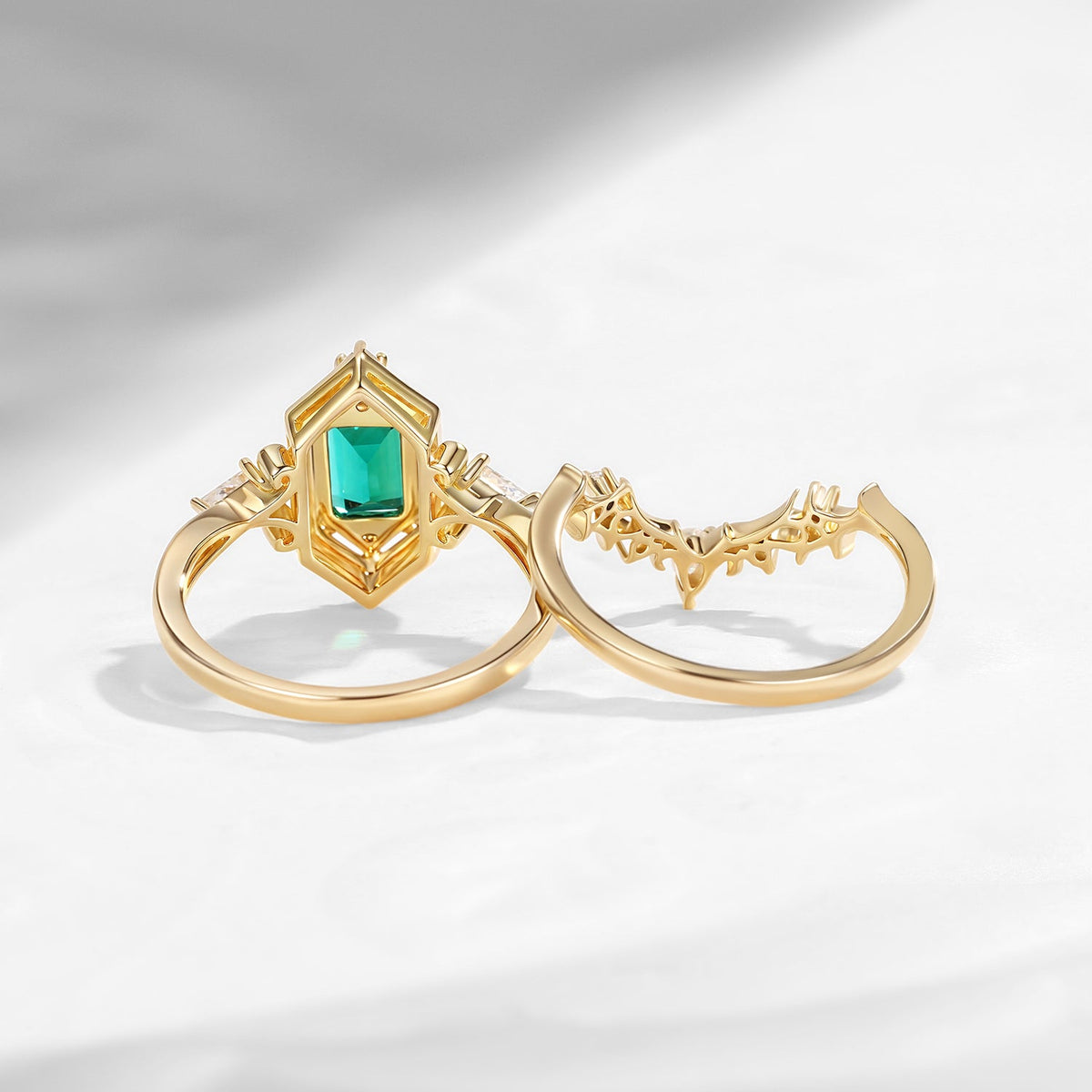 Emerald Cut 'Fallen Aegis' Gothic Engagement Ring Set 2pcs