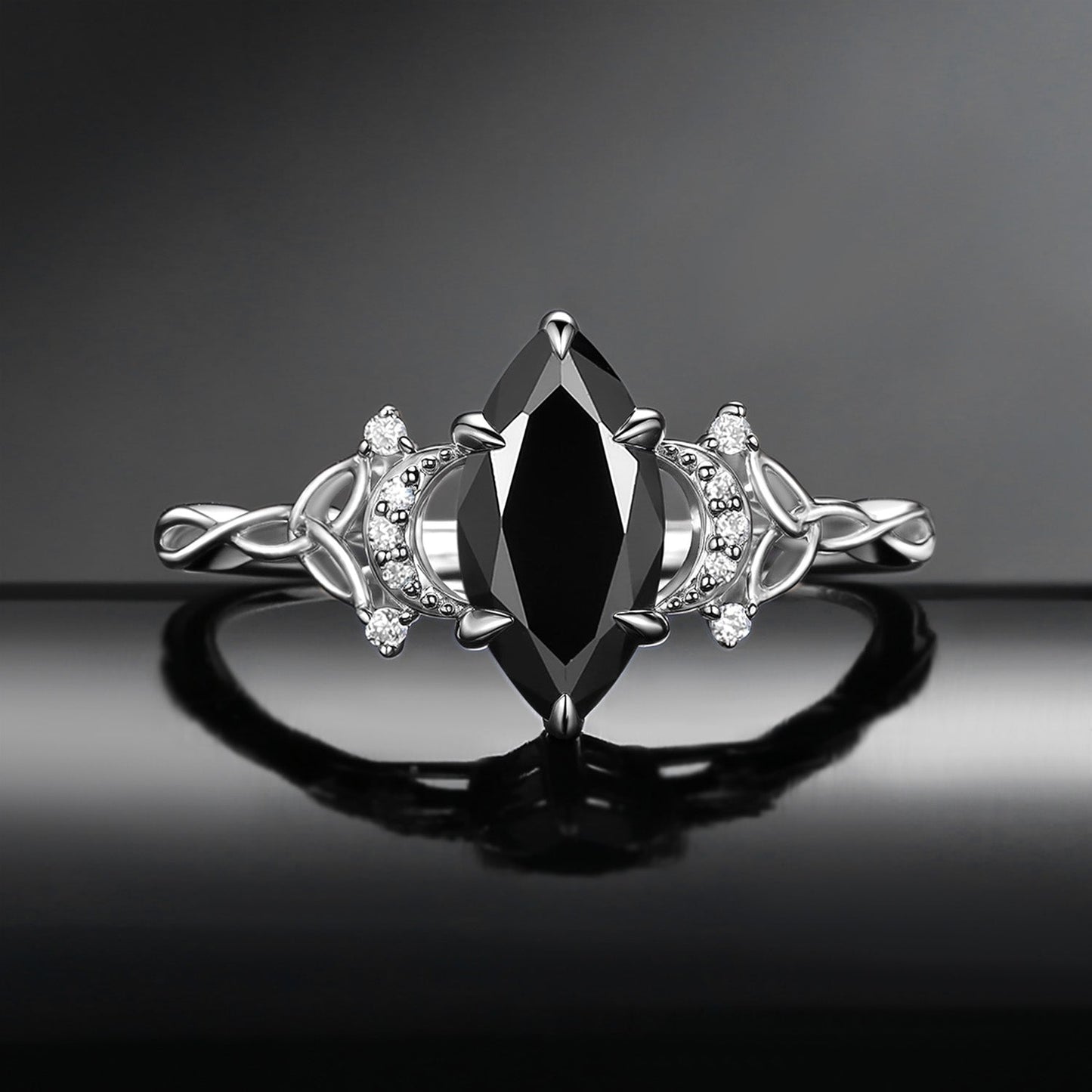 Celtic Moon - Marquise Black Moissanite Twist Engagement Ring