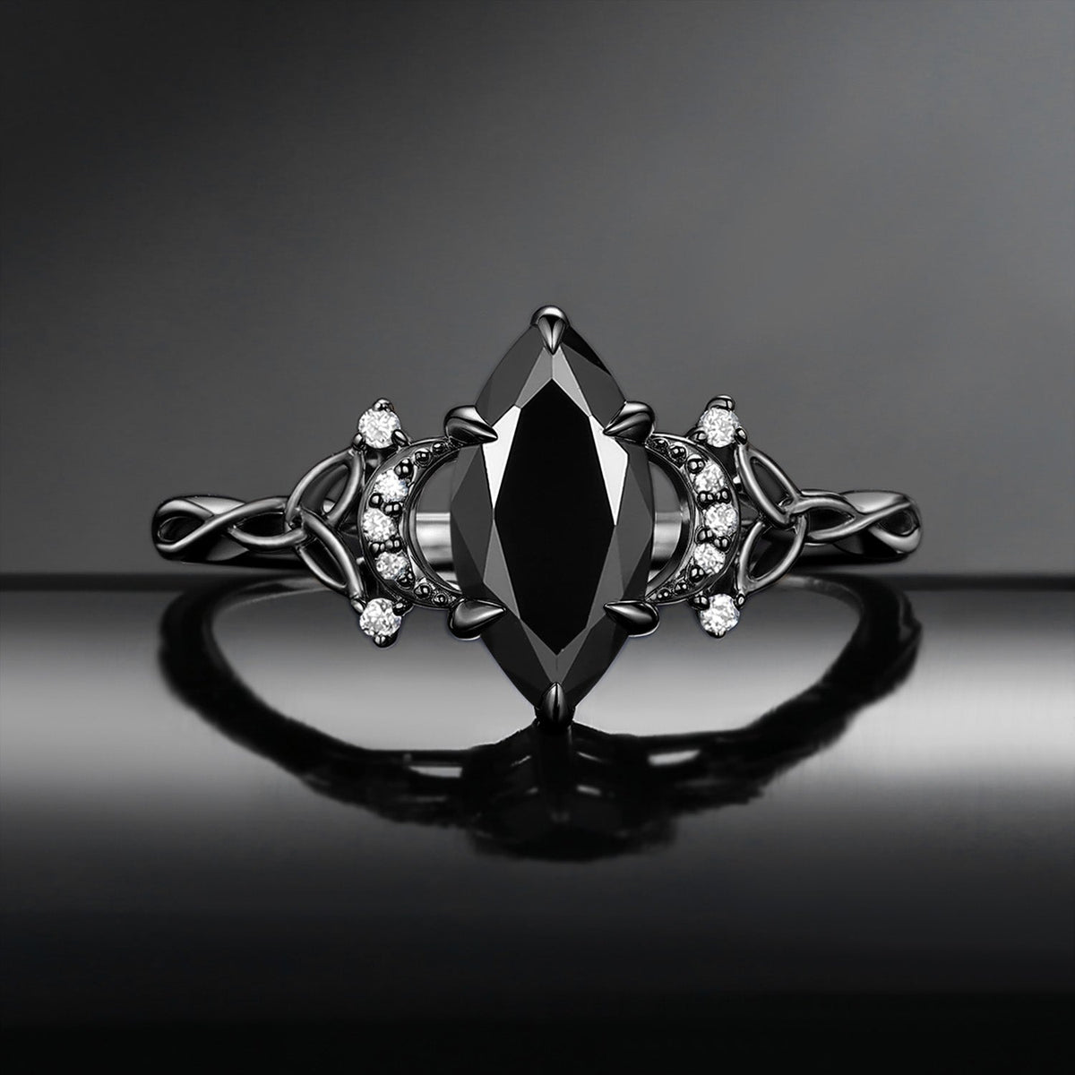 Celtic Moon - Marquise Black Moissanite Twist Engagement Ring