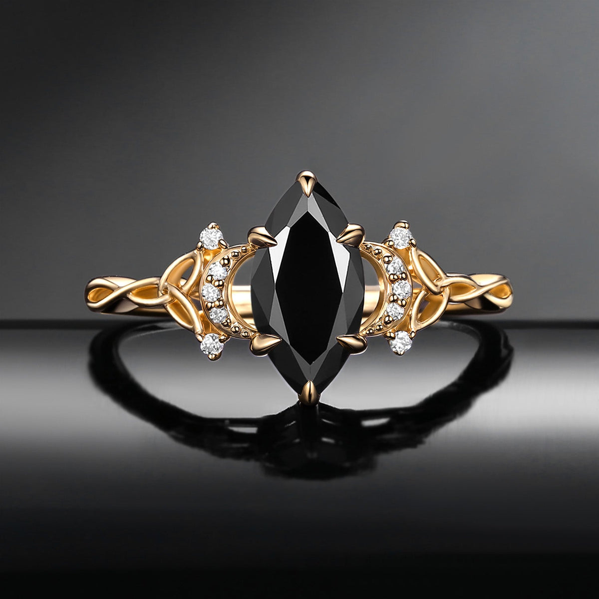 Celtic Moon - Marquise Black Moissanite Twist Engagement Ring