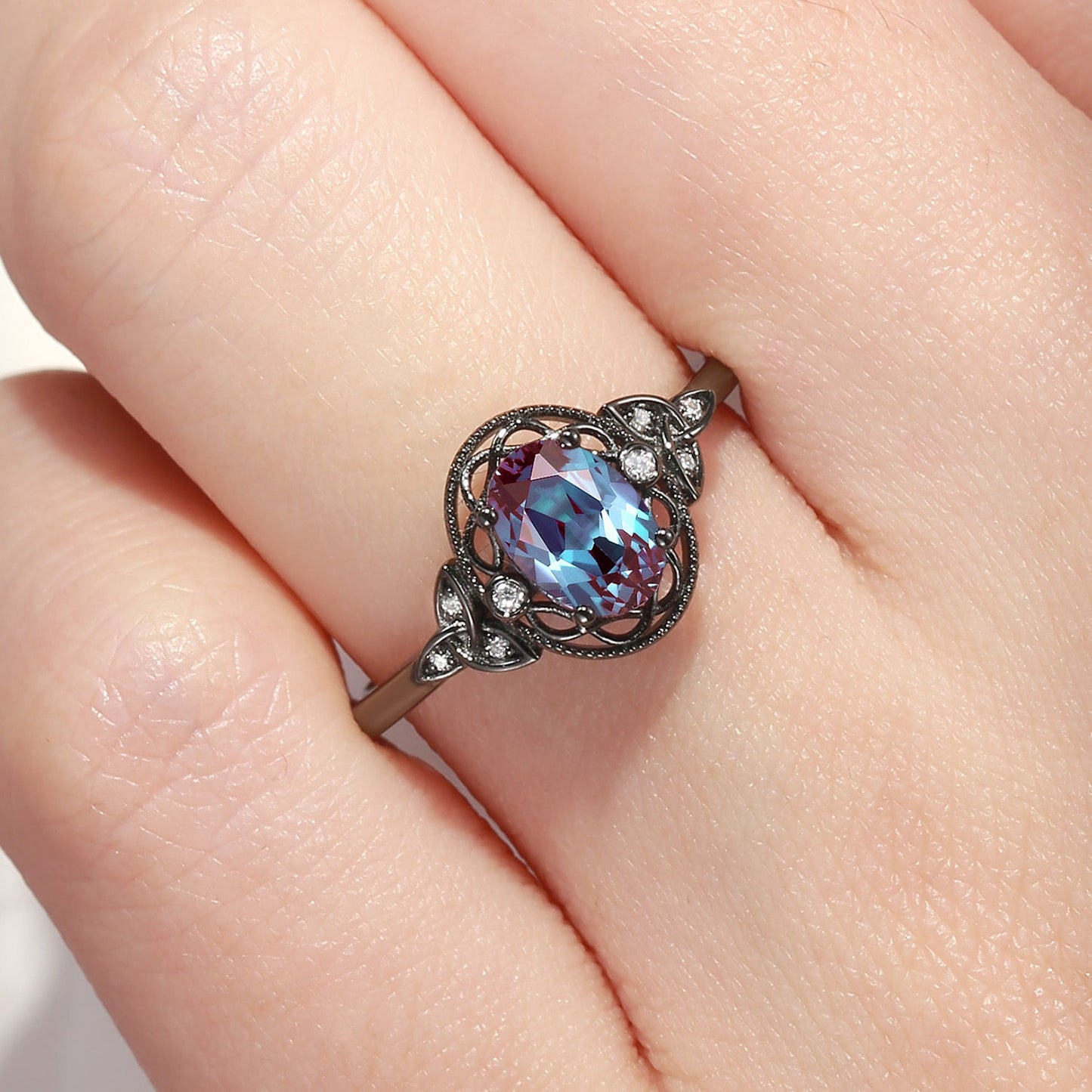 Vintage Filigree Oval Cut Lab Alexandrite Celtic Engagement Ring