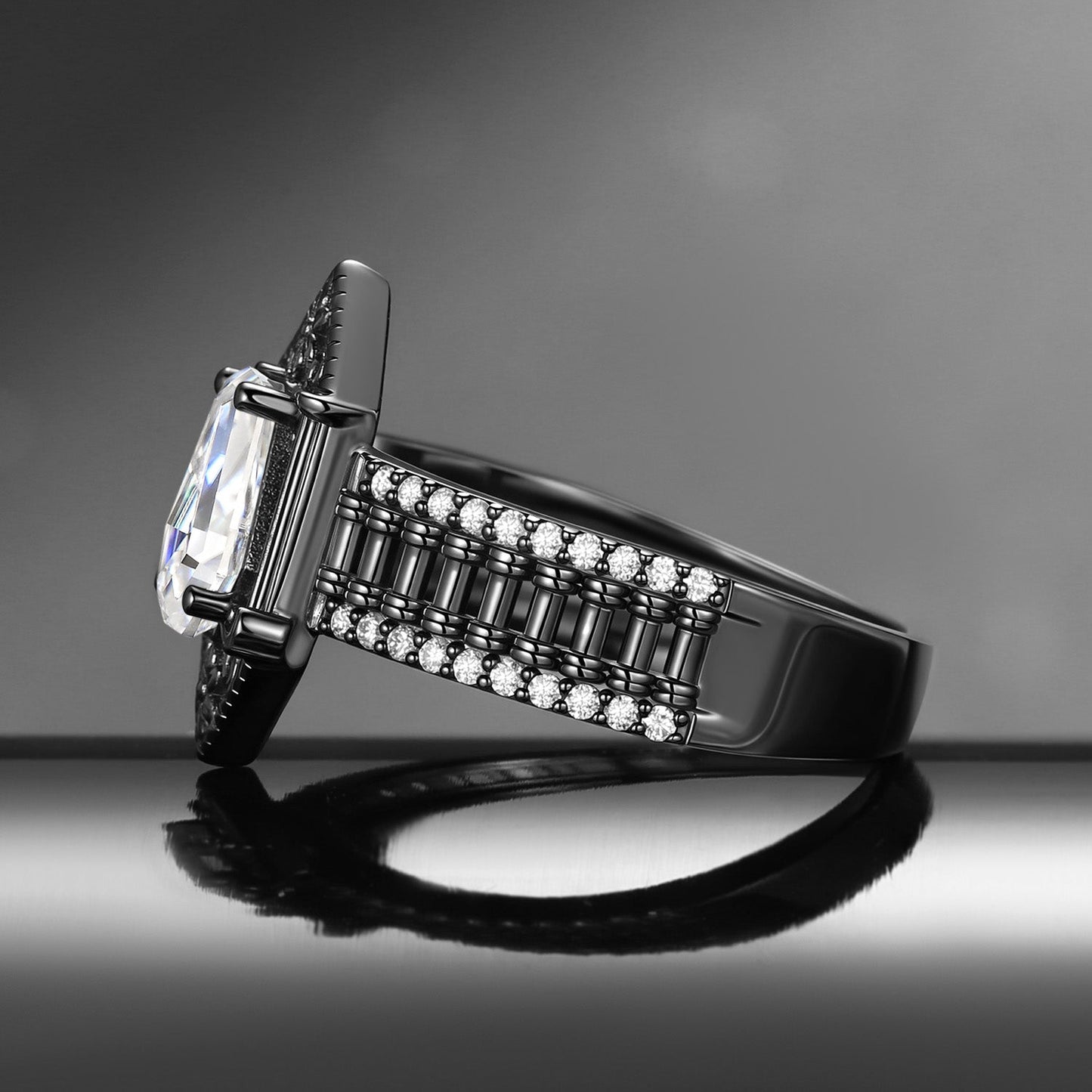 Retro Art Deco Coffin Cut Moissanite 'Fallen Aegis' Gothic Black Gold Engagement Ring