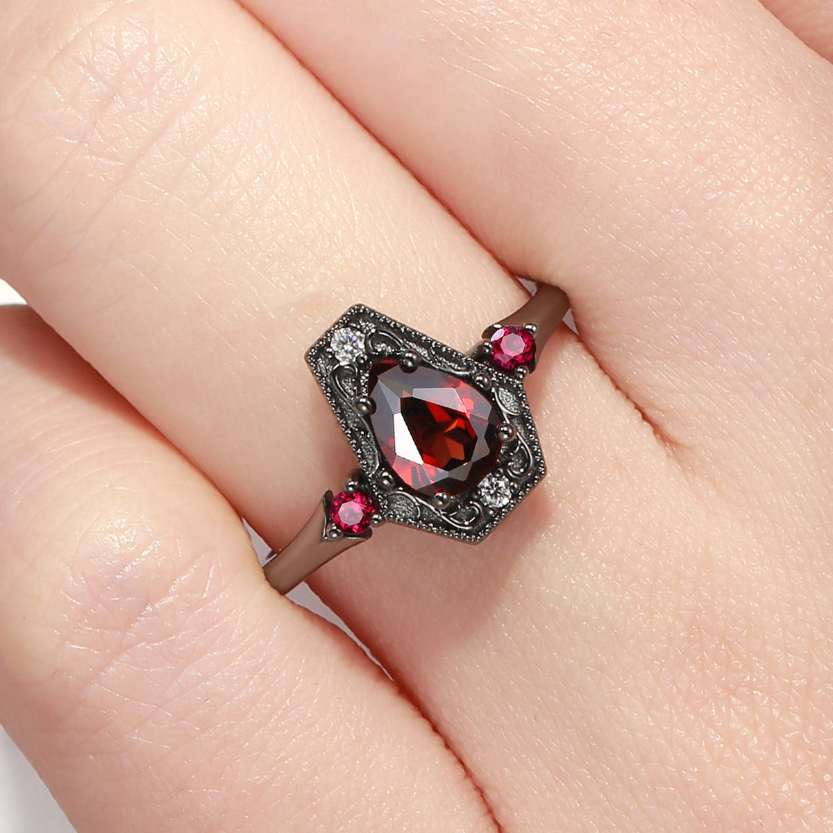 Gothic Pear Cut Garnet Vampire 'Fallen Aegis' Engagement Ring