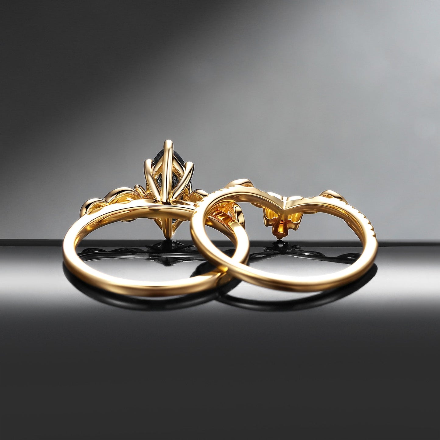 Snake Inspired Unique Marquise Cut Black Rutilated Quartz Engagement Ring Set Bridal Set 2pcs - Serpent's Embrace
