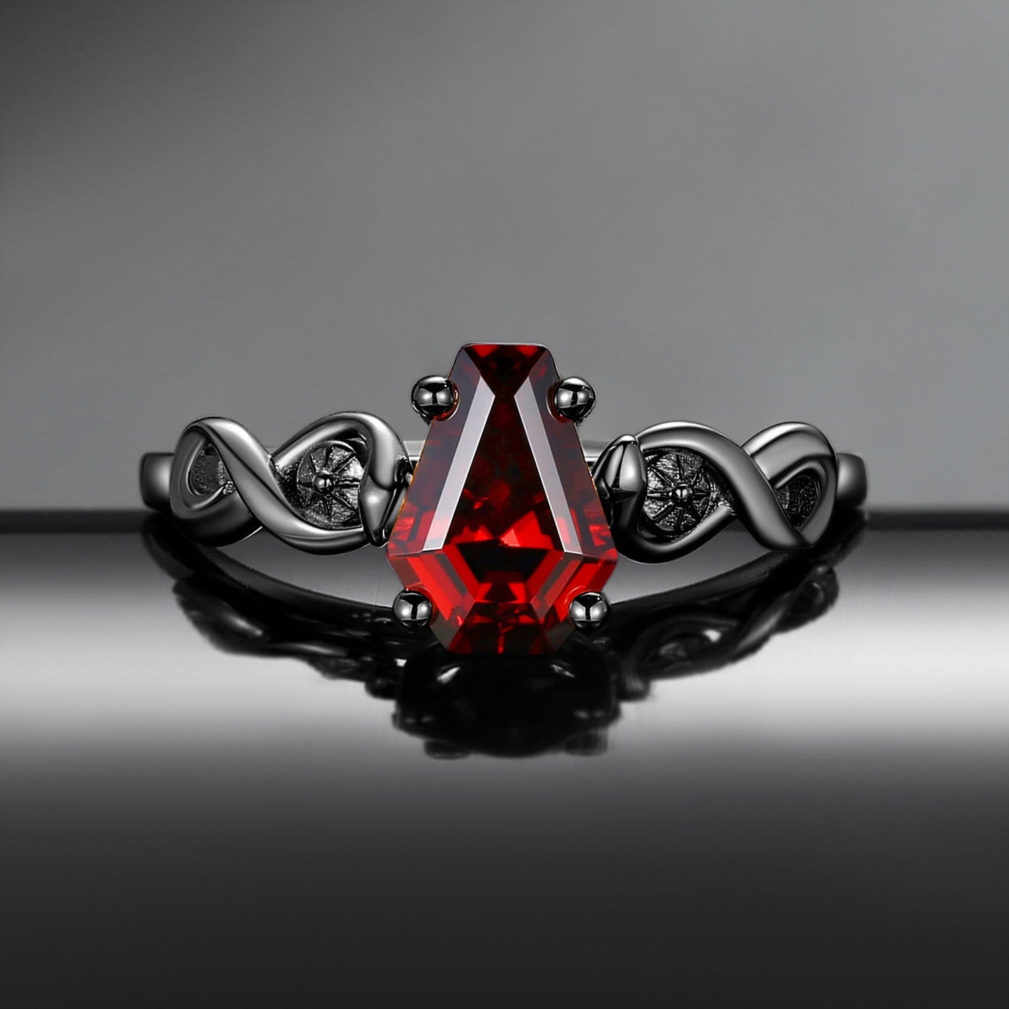Gothic Style Coffin Cut Garnet Infinity Twist Snake Engagement Ring - Serpent's Embrace