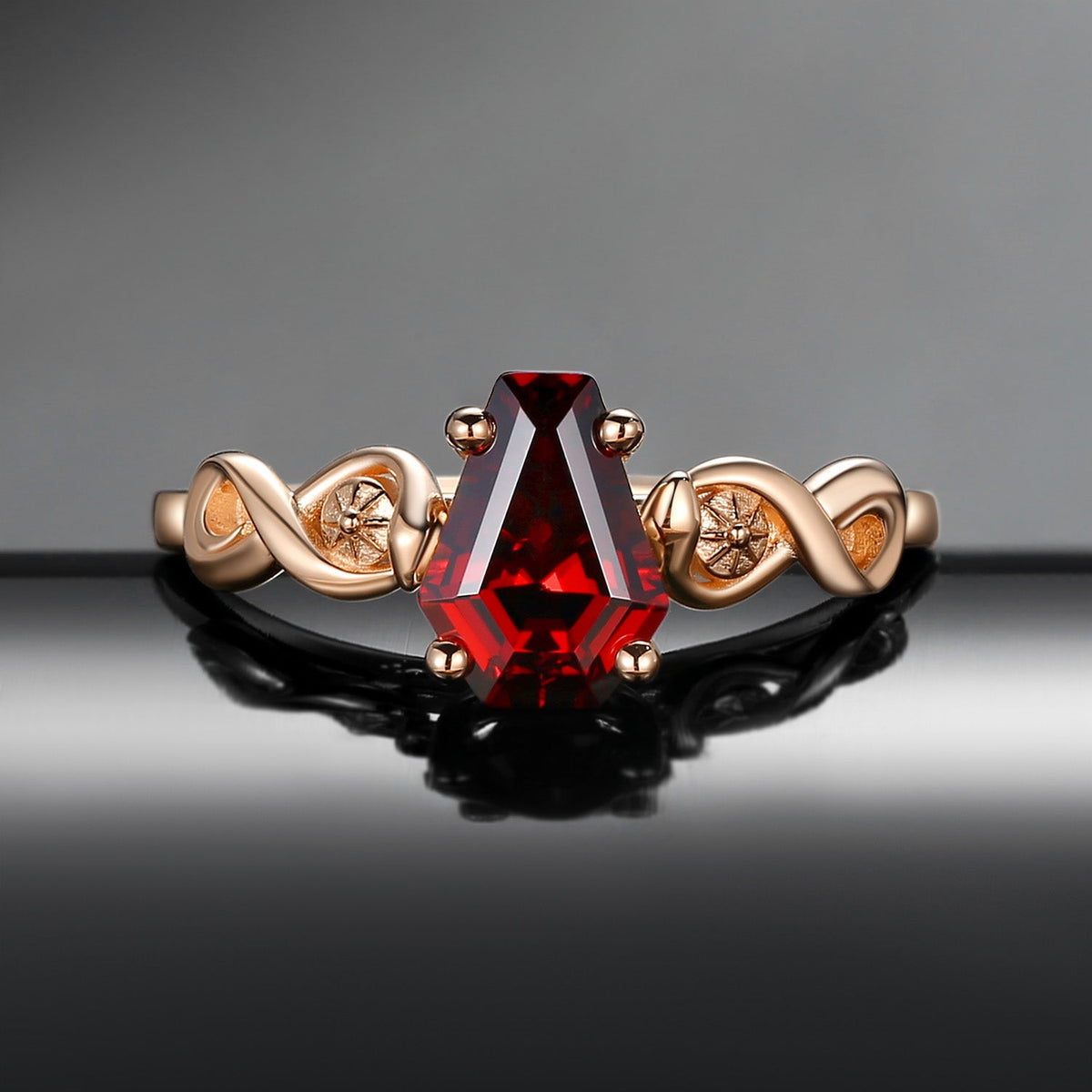 Gothic Style Coffin Cut Garnet Infinity Twist Snake Engagement Ring - Serpent's Embrace