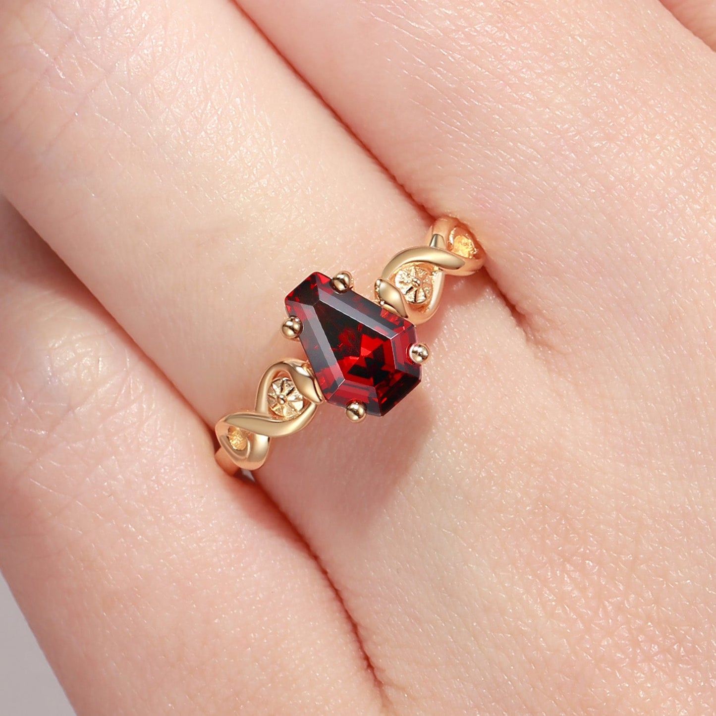 Gothic Style Coffin Cut Garnet Infinity Twist Snake Engagement Ring - Serpent's Embrace
