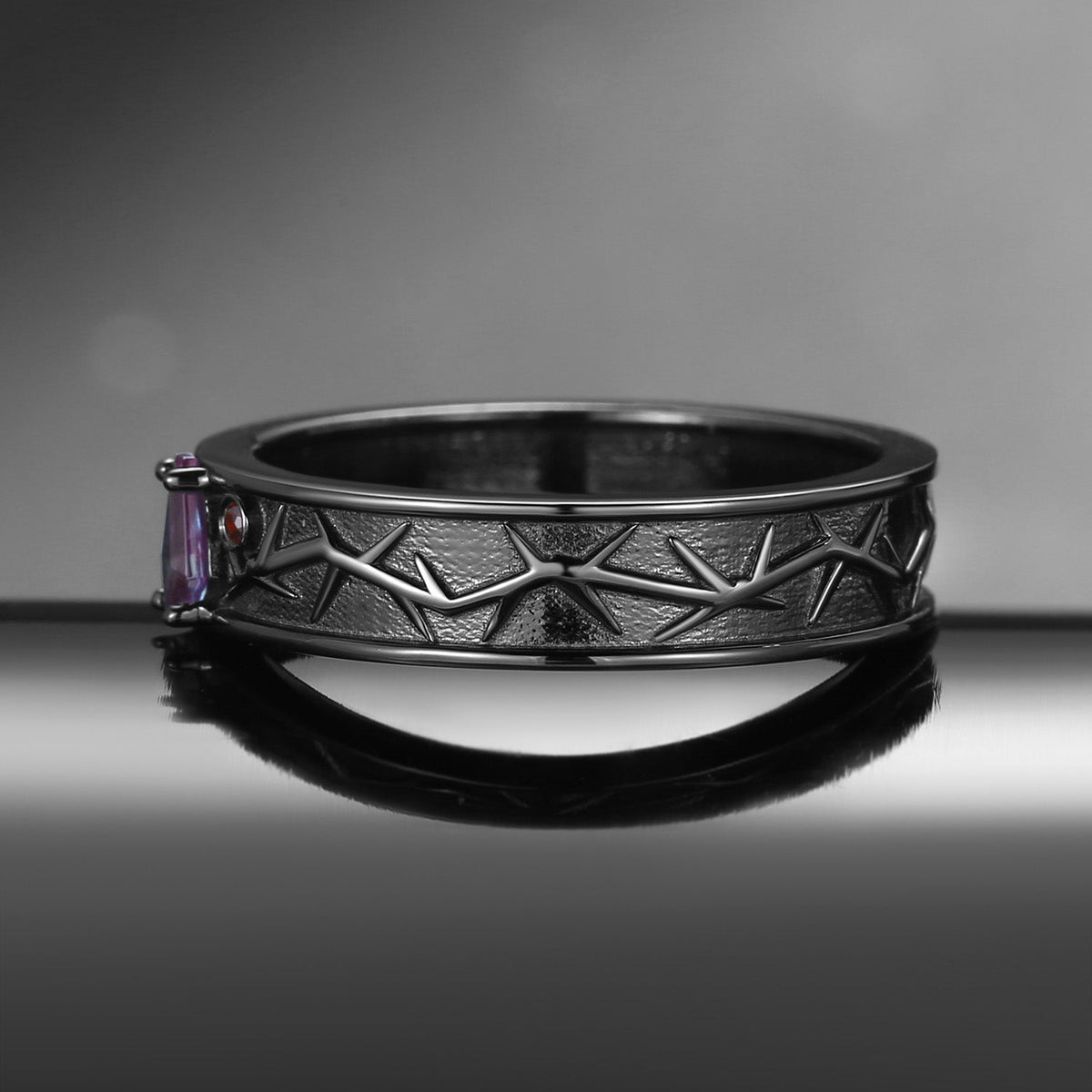 Gothic Style 'Thorns & Roses' Nature Inspired Coffin Cut Lab Alexandrite Filigree Wedding Band