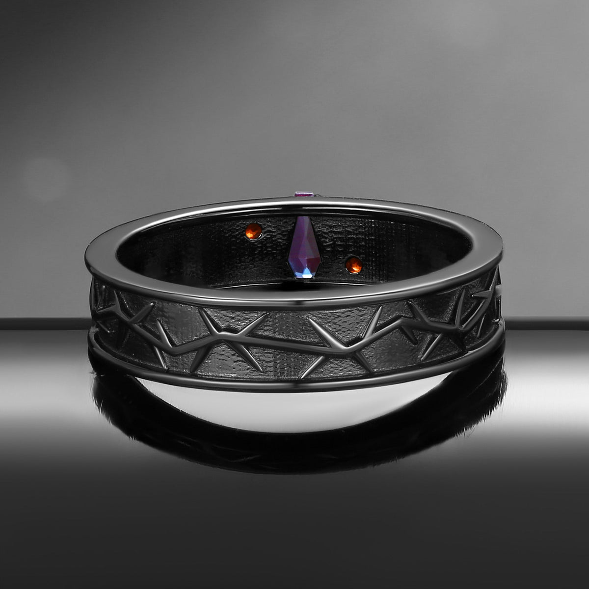 Gothic Style 'Thorns & Roses' Nature Inspired Coffin Cut Lab Alexandrite Filigree Wedding Band