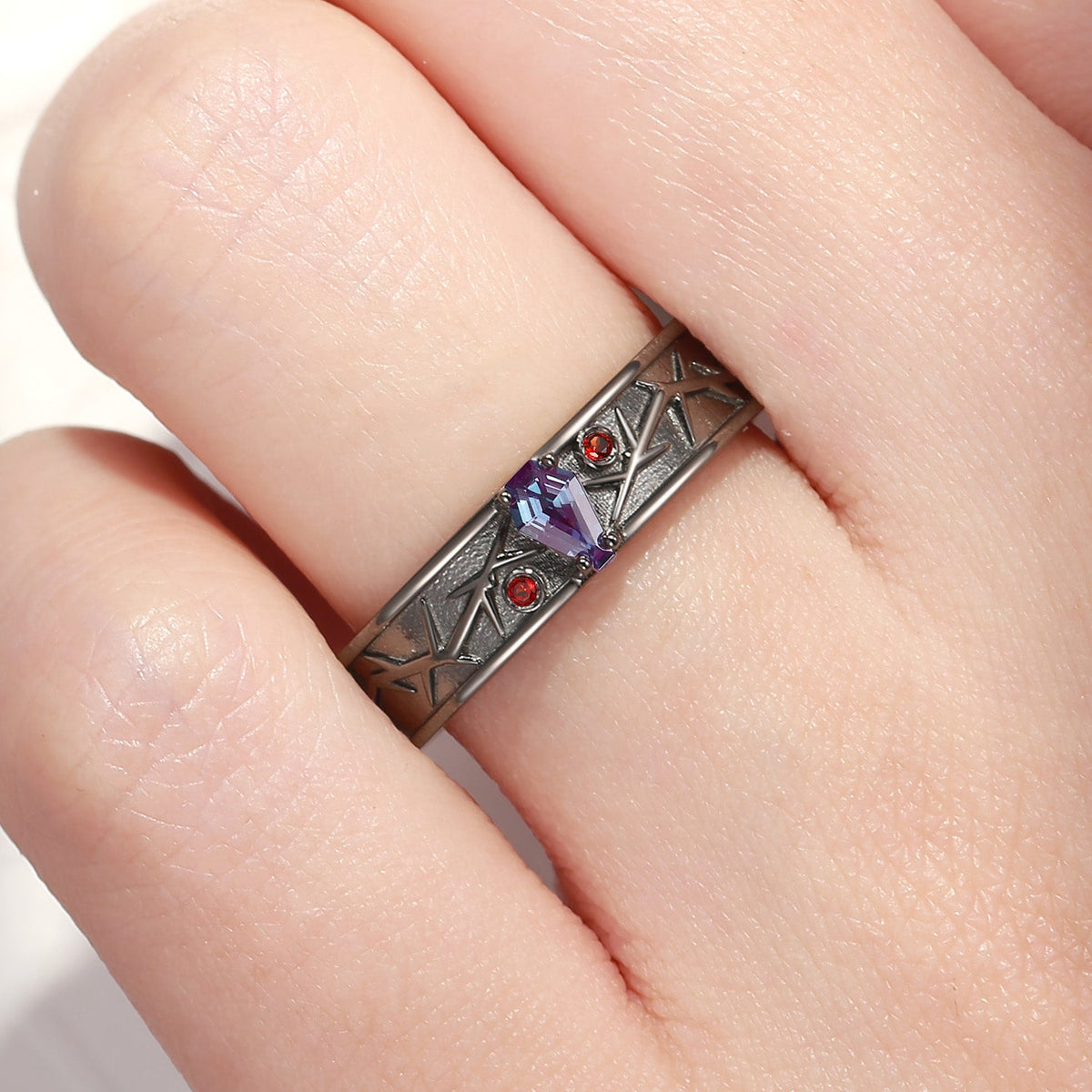 Gothic Style 'Thorns & Roses' Nature Inspired Coffin Cut Lab Alexandrite Filigree Wedding Band
